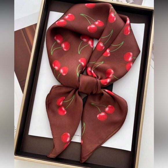 Cherry Print Brown Scarf A1354 - Picture 1 of 4